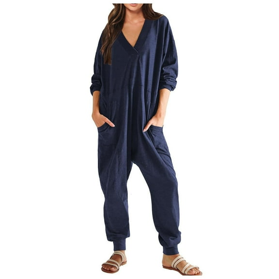 One Piece Jumpsuits for Women Casual Loose Jumpsuits Long Sleeve V Neck Oversized Casual Rompers