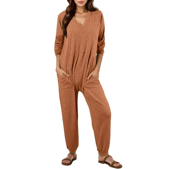 One Piece Jumpsuits for Women Casual Loose Long Sleeve V Neck Oversized Pajamas Onesie Date Night Rompers