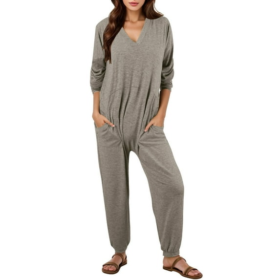 One Piece Jumpsuits for Women Casual Loose Long Sleeve V Neck Oversized Pajamas Onesie Date Night Rompers