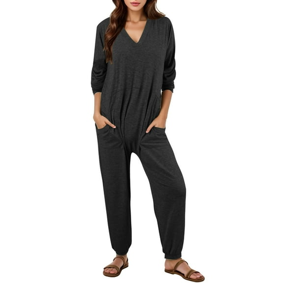 One Piece Jumpsuits for Women Casual Loose Long Sleeve V Neck Oversized Pajamas Onesie Date Night Rompers