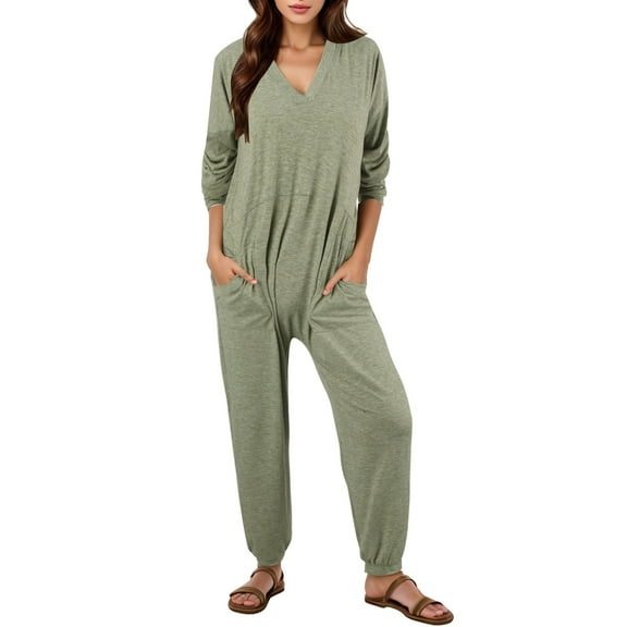 One Piece Jumpsuits for Women Casual Loose Long Sleeve V Neck Oversized Pajamas Onesie Date Night Rompers