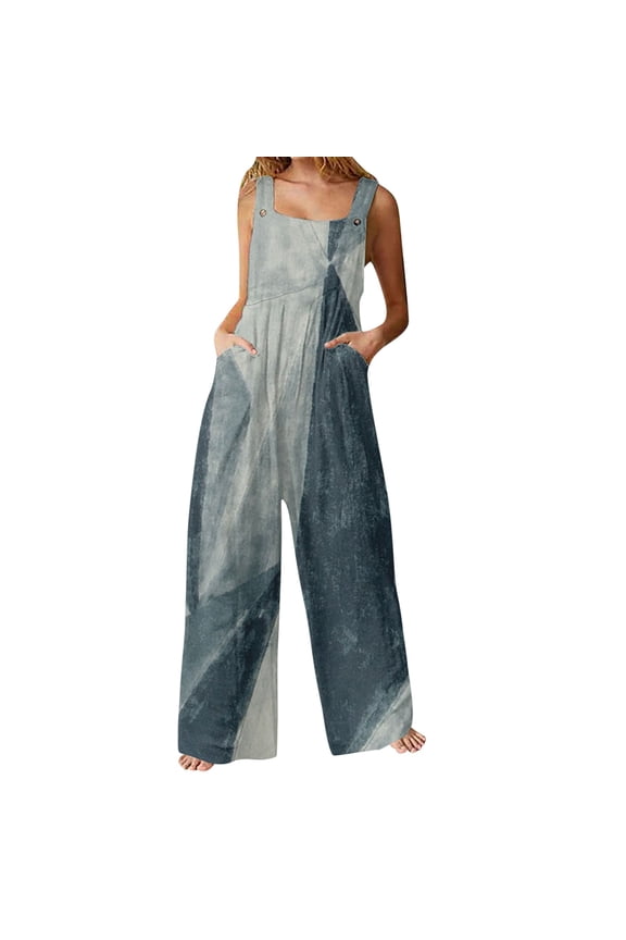 One Piece Jumpsuits for Women Casual Overalls Loose Sleeveless Patchwork Pockets Wide Leg Outwear,Grey,M