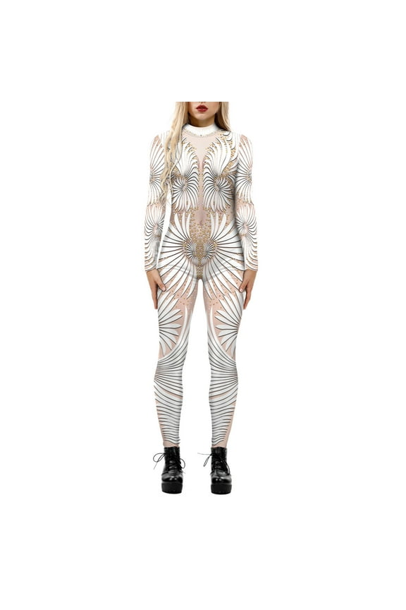 One Piece Jumpsuits for Women Casual Skeleton Robot 3D Printing Zipper Romper,Beige,XL