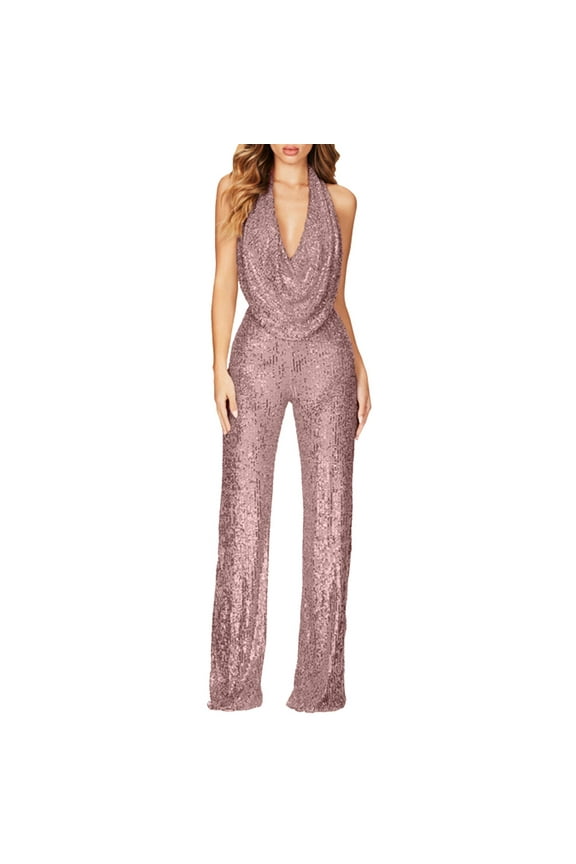 One Piece Jumpsuits for Women Casual Sleeveless V Neck Sequin Pants Open Back Rompers,Gold,M