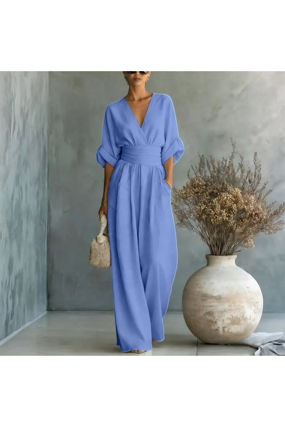 One Piece Jumpsuits for Women Casual Summer V Neck Batwing Sleeve Wide Leg Elegant Overalls Vacation Outfits Blue XL