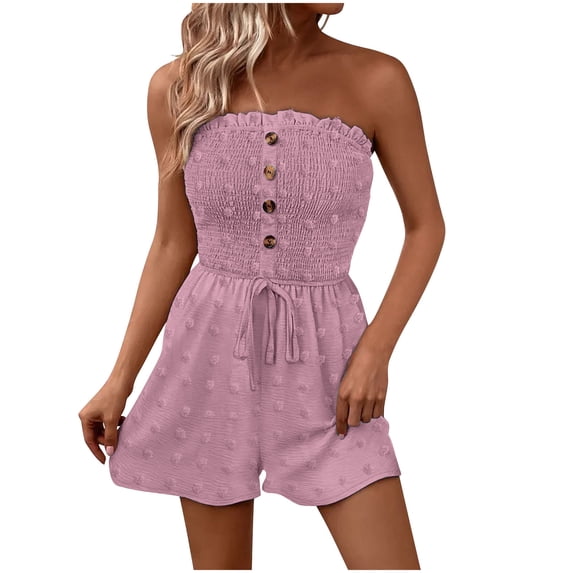 One Piece Jumpsuits for Women Causal Strapless Romper Loose Shorts Summer Overalls Drawstring Jumpsuit with Buttons Pink XXL
