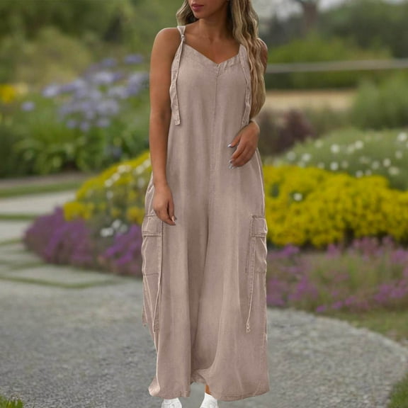 One Piece Jumpsuits for Women Dressy Casual Sleeveless Crewneck Wide Leg Rompers Jumpers Vacation Summer Outfits Beige M