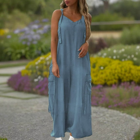 One Piece Jumpsuits for Women Dressy Casual Sleeveless Crewneck Wide Leg Rompers Jumpers Vacation Summer Outfits Light Blue L