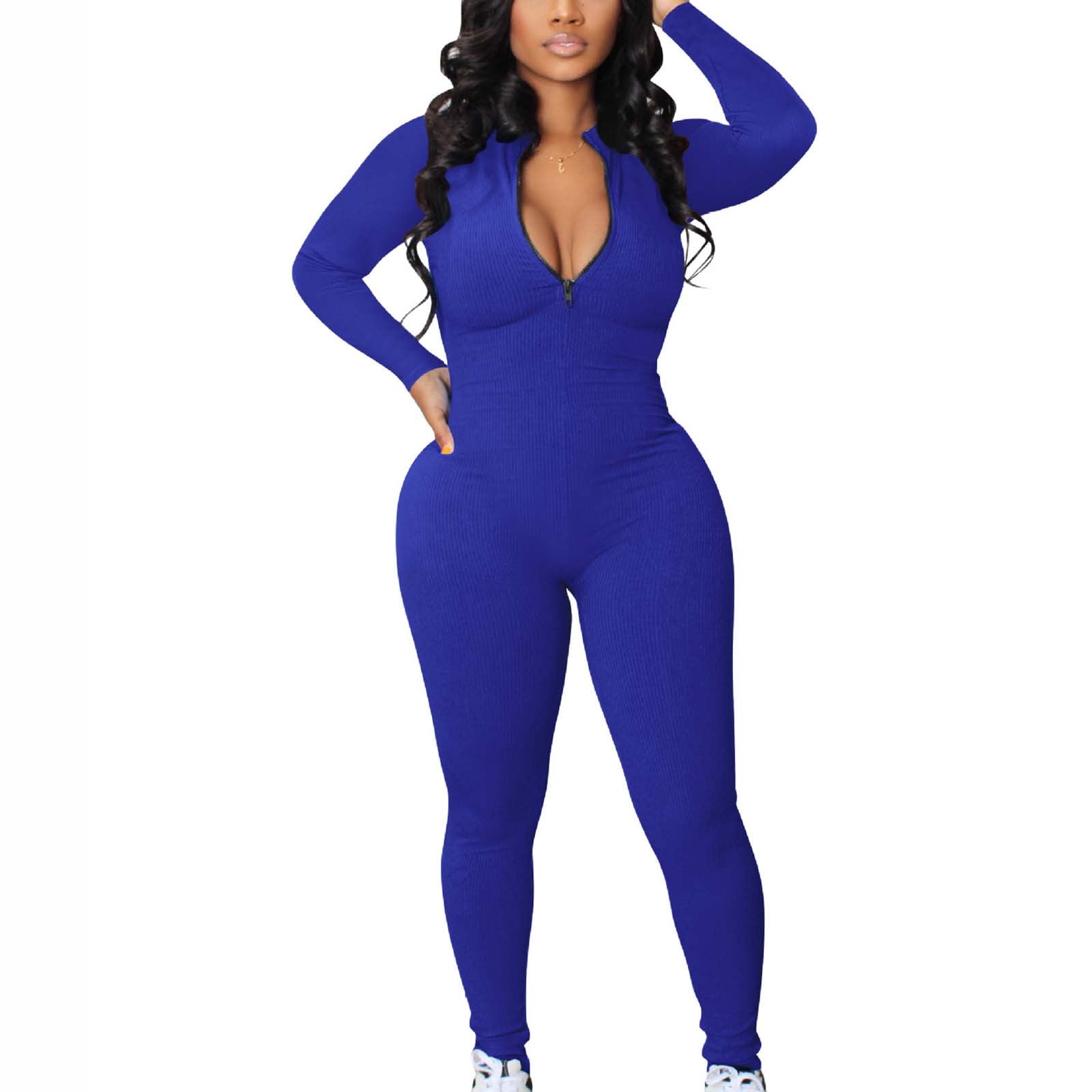 Women Long Sleeves Zipper Patchwork Bodycon Casual Sports Club Jumpsuit  Romper
