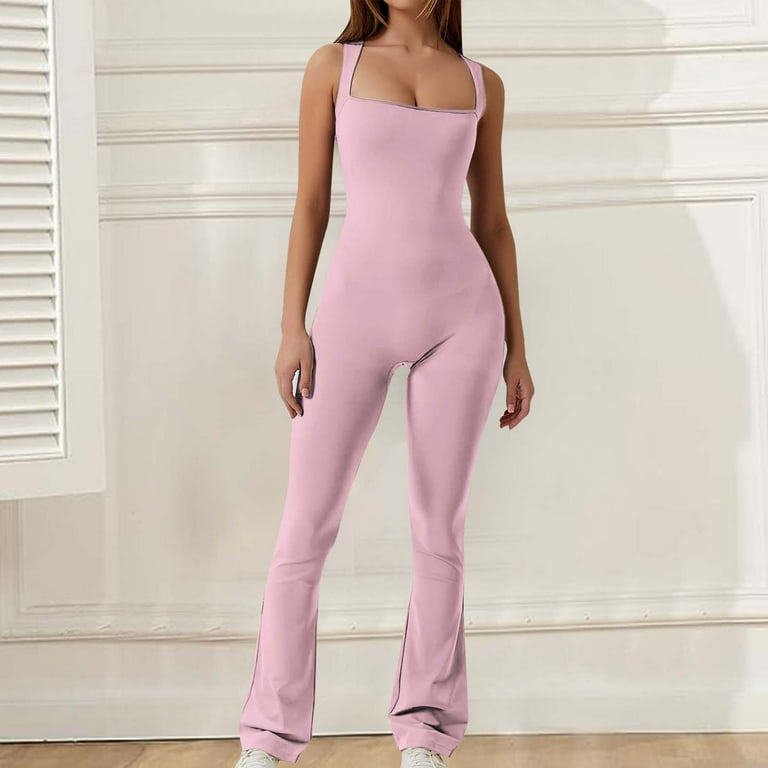 One Piece Jumpsuits for women Spring and Autumn Slim Fit Sleeveless Square Neck Solid Color Sling Jumpsuit Pink L Pink 8 L