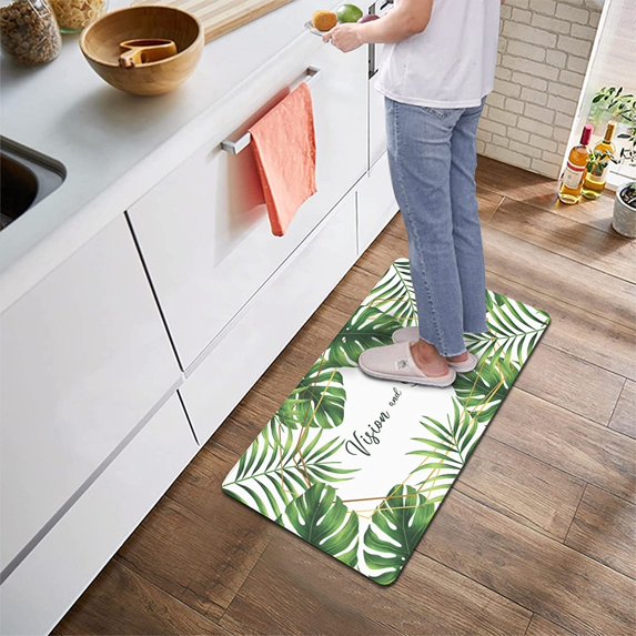One Piece Kitchen Mat, Green Palm Tree Leaf Design Kitchen Rug, Waterproof Anti Fatigue Kitchen Rugs and Mats, Cushioned Kitchen Matfor Standing in Office, Kitchen Sink, Laundry