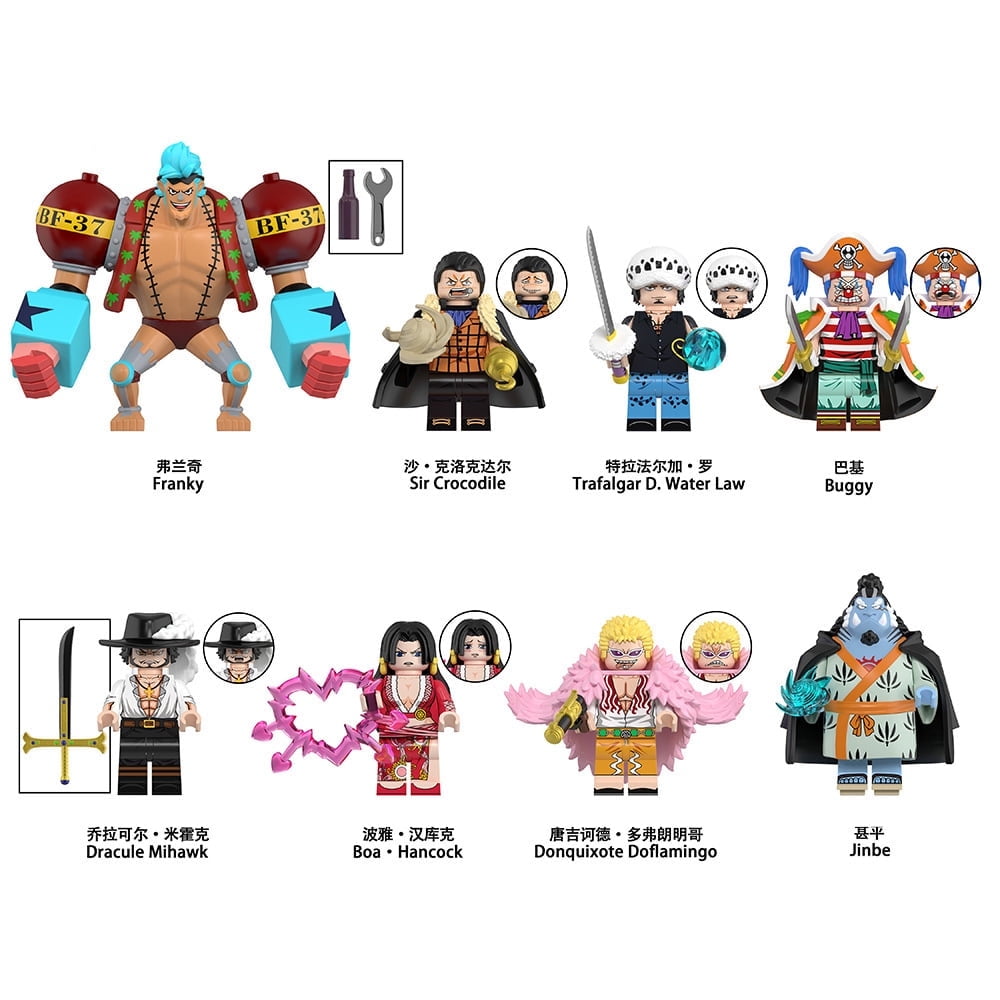One Piece Legends 8PCS Minifigure Set Anime-Inspired Franky Buggy Law Jinbe Doflamingo Action Figures, Collectible Building Bricks Toy
