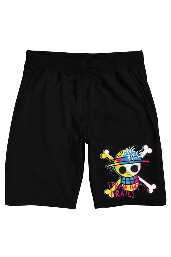 One Piece Live Action Colorful Straw Hat Skull & Crossbones Men's Black Sleep Pajama Shorts-Medium