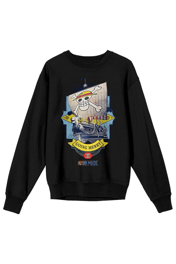 One Piece (Live Action) Going Merry Pirate Ship Adult Black Crew Neck Sweatshirt-Small