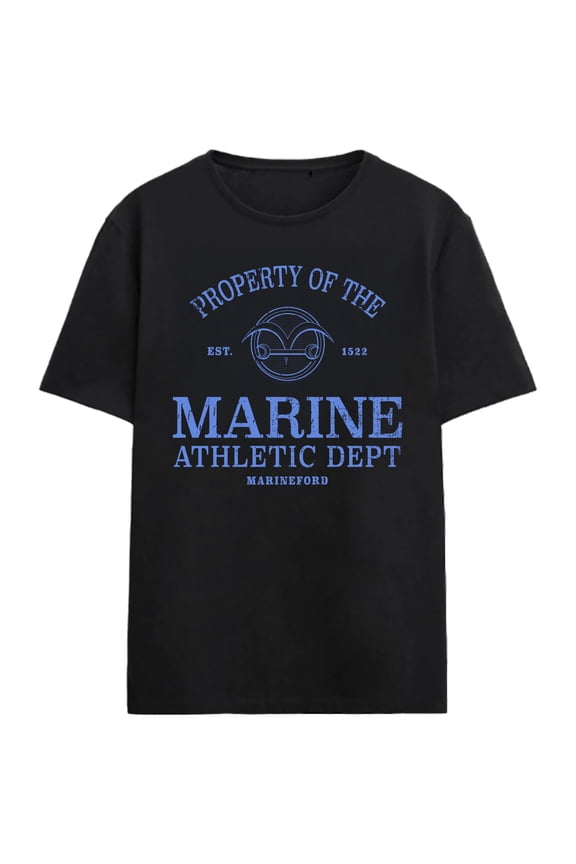 One Piece Live Action Property Of The Marine Athletic Department Adult Black Crew Neck Short Sleeve T-shirt-4XL