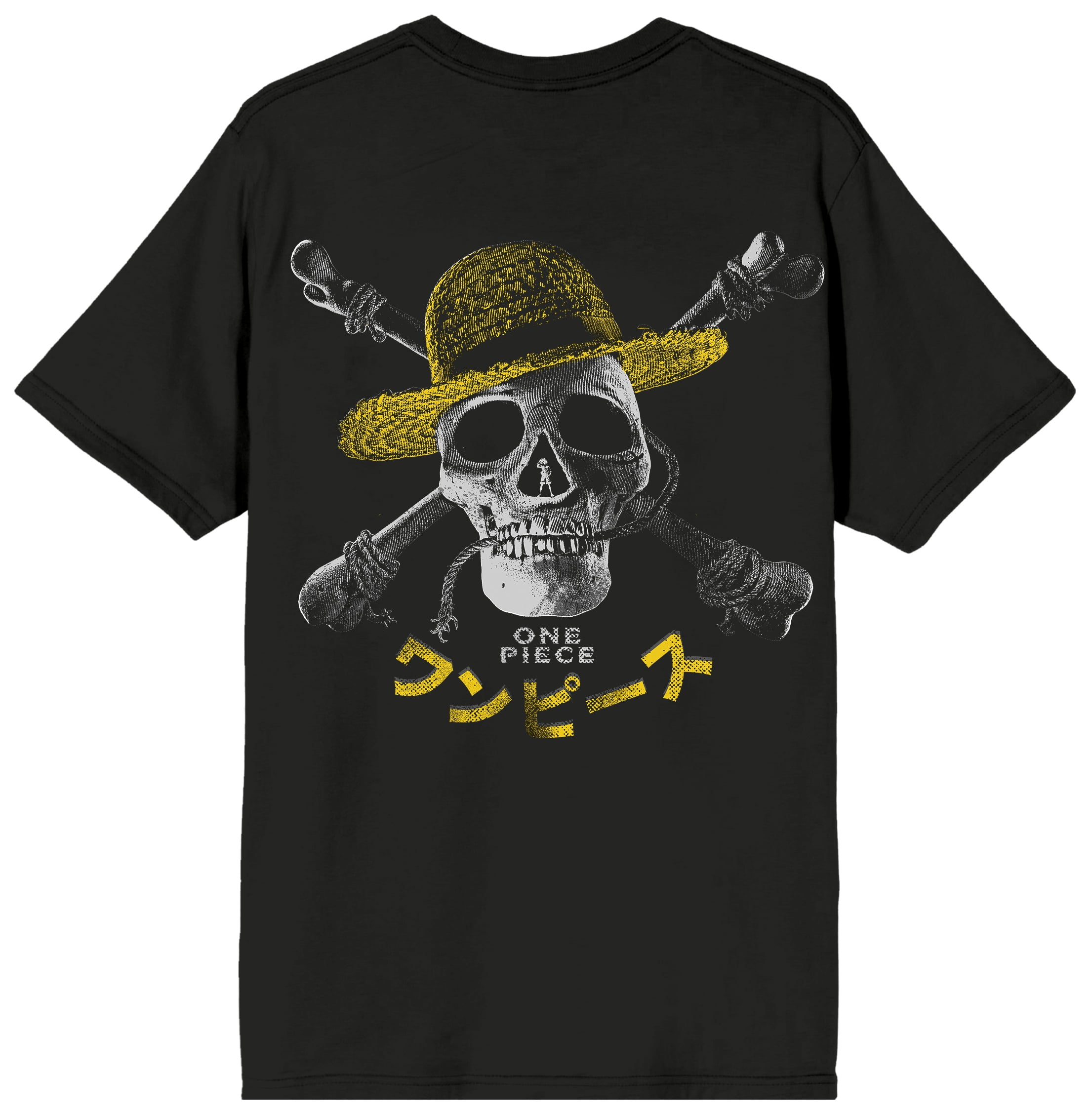 One Piece Live Action Text Logo & Straw Hat Skull & Crossbones Adult Black Crew Neck Short Sleeve T-shirt-3XL