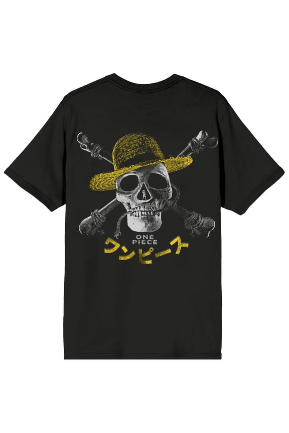 One Piece Live Action Text Logo & Straw Hat Skull & Crossbones Adult Black Crew Neck Short Sleeve T-shirt-4XL