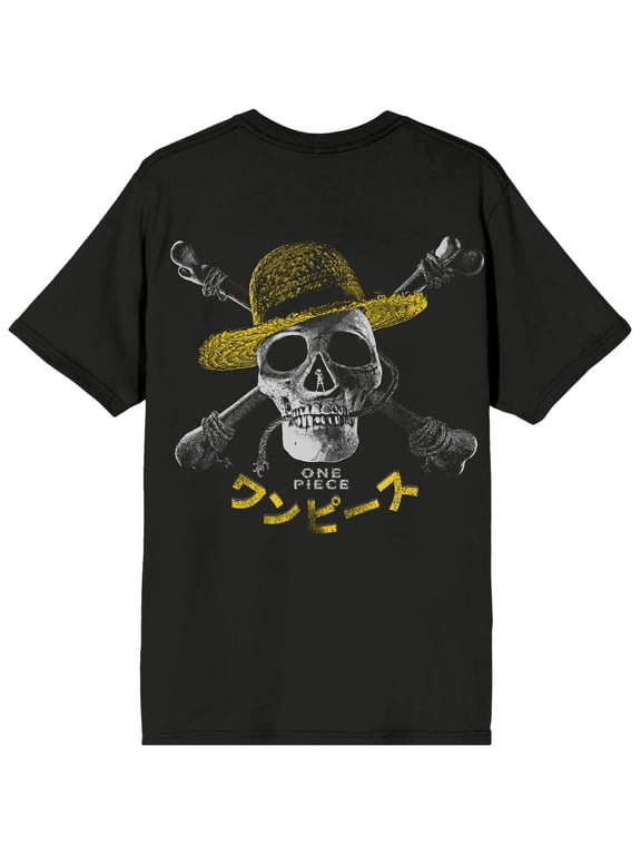 One Piece Live Action Text Logo & Straw Hat Skull & Crossbones Adult Black Crew Neck Short Sleeve T-shirt-Large