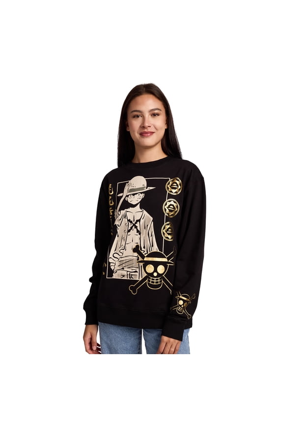 One Piece Luffy Icons Gold Foil Print Women's Black Crew Neck Long Sleeve Fleece Sweatshirt -XL