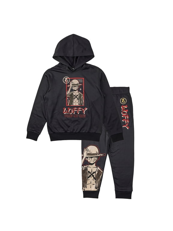 One Piece Luffy Portrait Kids Hoodie and Jogger Set Jet Black-Large-10/12