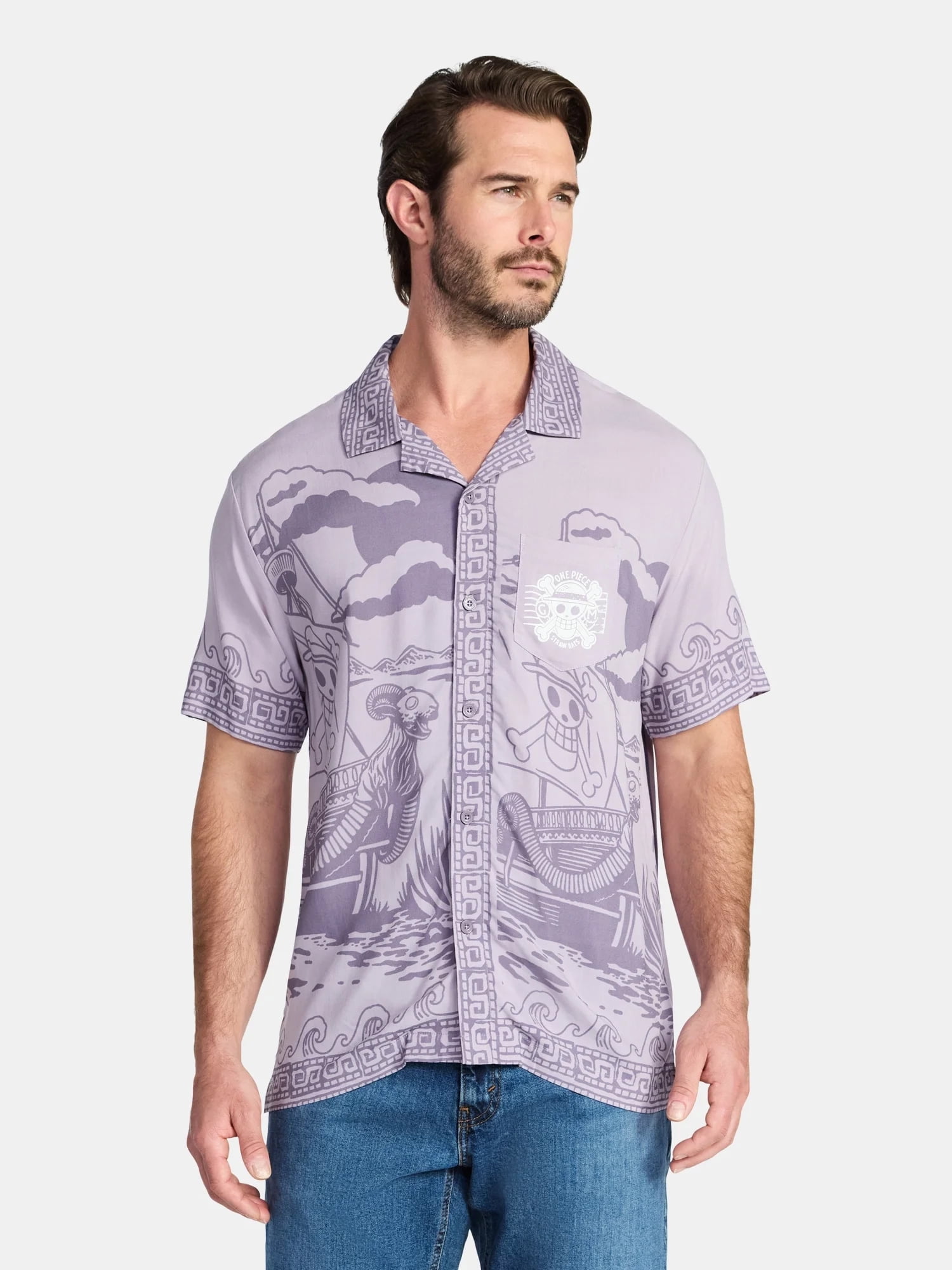 One Piece, Men's & Big Men's Graphic Button-Up Shirt, Straw Hats, Sizes XS-3XL