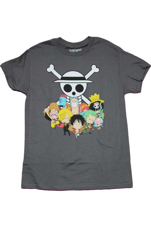 One Piece Mens T-Shirt - Chibi Strawhat Crew Under Skull Logo (X-Large)