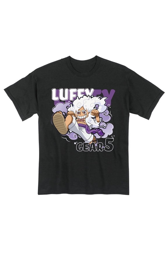 One Piece - Monkey D. Luffy Gear 5 SD Art With Cloud Black Adult T-Shirt  - Great Eastern Entertainment