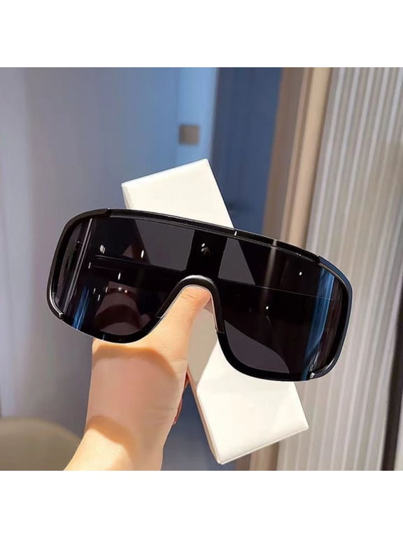 One Piece Oversized Wraparound Sunglasses, UV Protection Windproof Full Cover Shield Shades, Fashion Street Eyewear for Driving Cycling, Black White Frame 3 Colors Available