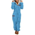 thumbnail image 1 of One Piece Pajamas Women Fuzzy Warm Sherpa Hooded Jumpsuit Printed Fleece Christmas Pjs Onesies Winter Playsuits (2XL, Light Blue 02), 1 of 4