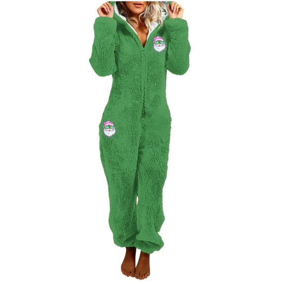 One Piece Pajamas Women Fuzzy Warm Sherpa Hooded Jumpsuit Printed Fleece Christmas Pjs Onesies Winter Playsuits (L, Green 03)