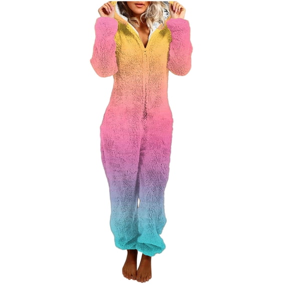 One Piece Pajamas Women Fuzzy Warm Sherpa Hooded Jumpsuit Printed Fleece Christmas Pjs Onesies Winter Playsuits (L, Hot Pink)
