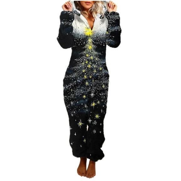 One Piece Pajamas Women Fuzzy Warm Sherpa Hooded Jumpsuit Printed Fleece Christmas Pjs Onesies Winter Playsuits (M, Black 01)