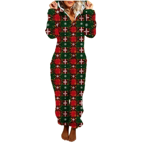 One Piece Pajamas Women Fuzzy Warm Sherpa Hooded Jumpsuit Printed Fleece Christmas Pjs Onesies Winter Playsuits (M, Green|Plaid)