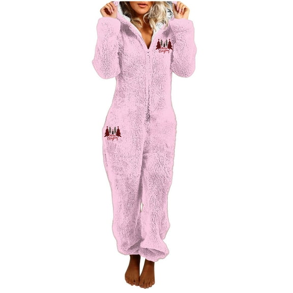 One Piece Pajamas Women Fuzzy Warm Sherpa Hooded Jumpsuit Printed Fleece Christmas Pjs Onesies Winter Playsuits (M, Pink 02)