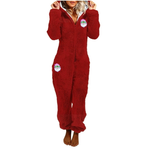 One Piece Pajamas Women Fuzzy Warm Sherpa Hooded Jumpsuit Printed Fleece Christmas Pjs Onesies Winter Playsuits (XL, Red 03)