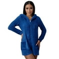 thumbnail image 1 of One Piece Pajamas for Women with Cat Ear Long Sleeve Shorts Zip Jumpsuits Solid Color Fuzzy Home Wear with Pockets (L, Blue), 1 of 5