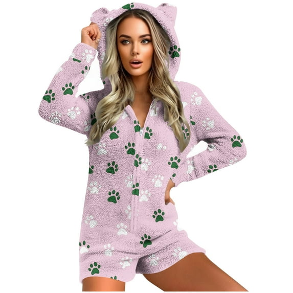 One Piece Pajamas for Women with Cat Ear Long Sleeve Shorts Zip Jumpsuits Solid Color Fuzzy Home Wear with Pockets (S, Pink-F)