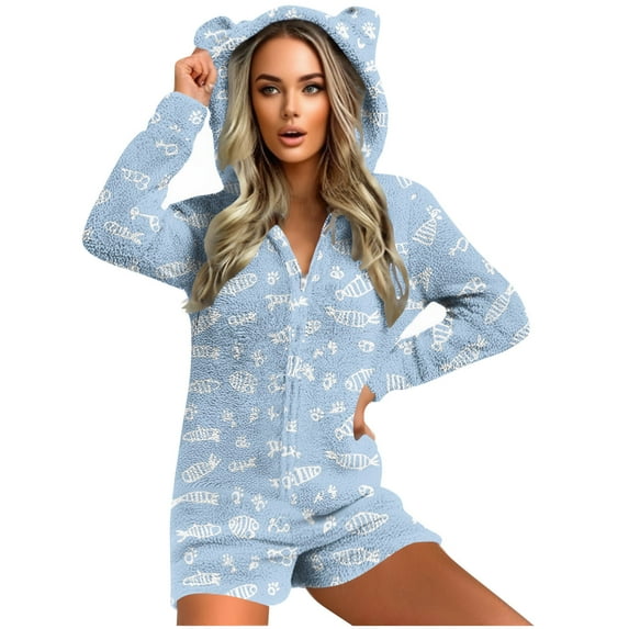 One Piece Pajamas for Women with Cat Ear Long Sleeve Shorts Zip Jumpsuits Solid Color Fuzzy Home Wear with Pockets (XXL, Light Blue-D)