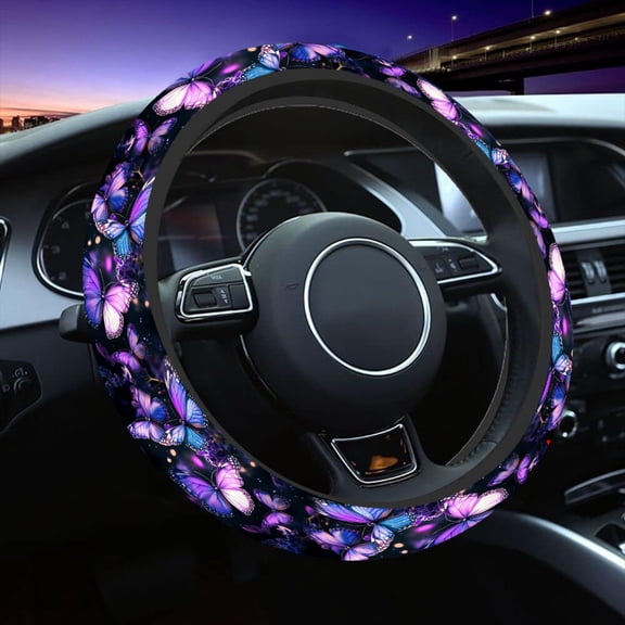 One Piece of Purple Butterfly Patterned Steering Wheel Cover with Anti-Slip Elasticity, Suitable for Cars, Suvs, And Trucks. It Measures 15 Inches And Enhances Driving Enjoyment
