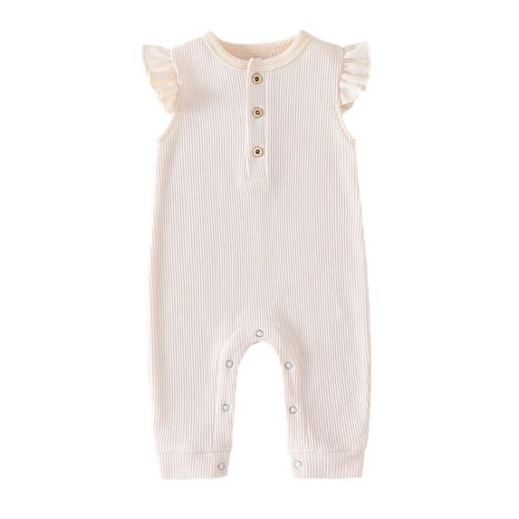 One Piece Romper For Toddler Crew Neck Button Down Flutter Sleeve Jumpsuits Summer Comfy Breathable Oneise 0-12M (12 Months, Beige)