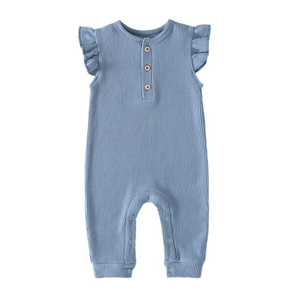 One Piece Romper For Toddler Crew Neck Button Down Flutter Sleeve Jumpsuits Summer Comfy Breathable Oneise 0-12M (3 Months, Blue)
