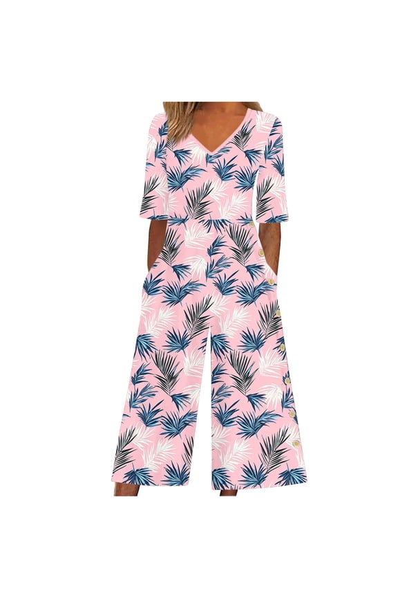 One Piece Rompers for Women Fashion Printed Jumpsuit Short Sleeve V Neck Overalls Jumpsuits with Pockets Women Clothing Watermelon Red XL
