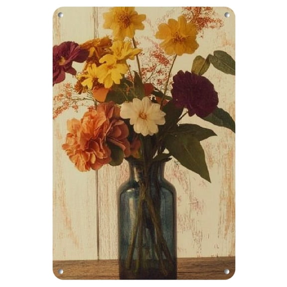 One Piece Rustic Vintage Iron Wall Panel - a Vase of Flowers Sitting on a Table (8x12) - Perfect for Wall Decor, Cafe Decor, Living