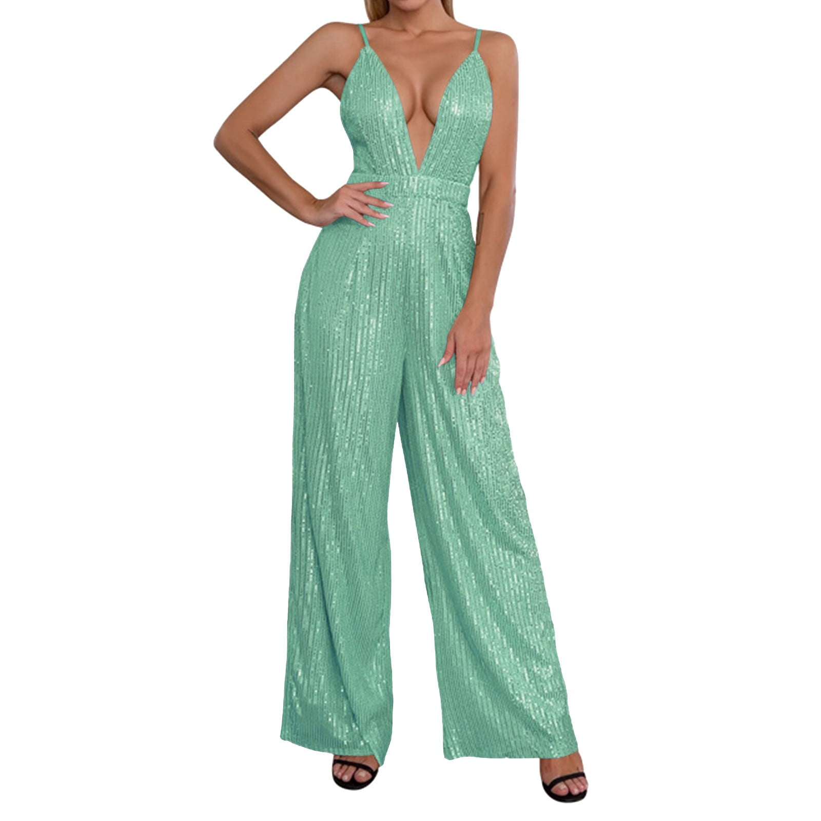 One Piece Sequin Deep V-Neck Sleeveless Rompers,Women's Spicy Girl V ...