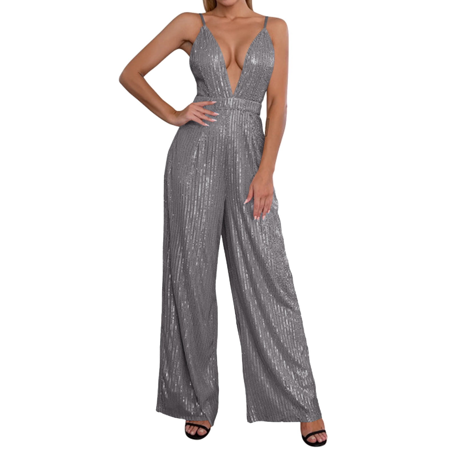 One Piece Sequin Deep V-Neck Sleeveless Rompers,Women's Spicy Girl V ...