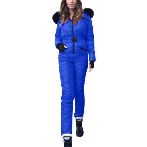 One Piece Snowsuit Women Waterproof Windproof Ski Suit Outdoor Sports Fur Collar Hooded Jumpsuit Snowsuits Zip up Warm Insulated