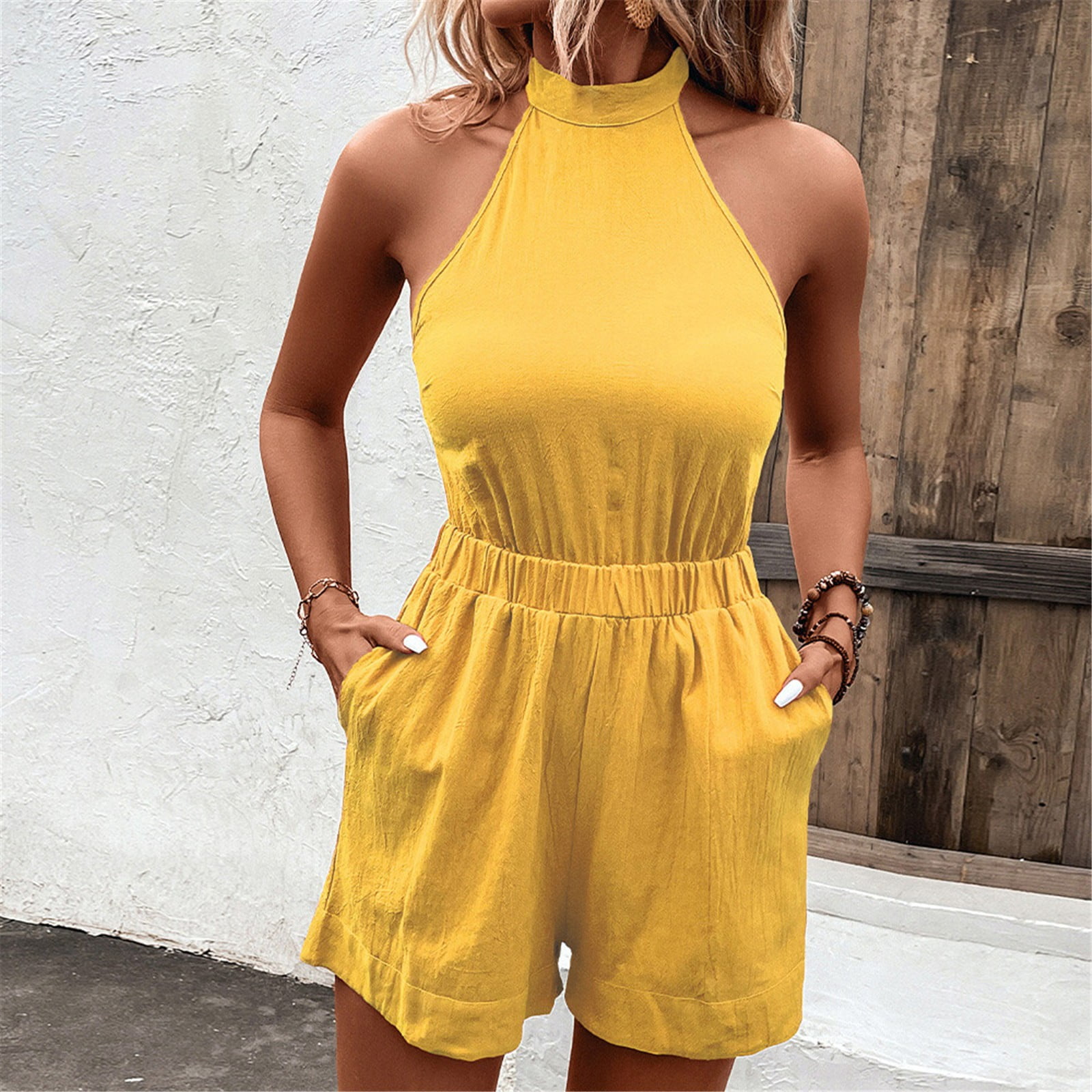 【新品未使用】HALTER NECK LOW WAIST ONEPIECE One Piece Solid Color Halter Neck Sleeveless Rompers,Women's