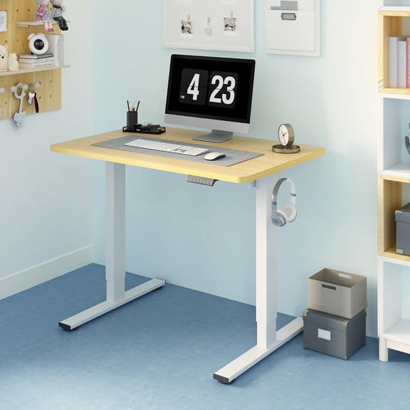 One-Piece Standing Desk 40 x 24 Inches Height Adjustable Desk Electric Sit Stand Up Desk Home Office Desks Computer Workstation (White Frame + Maple Desktop)