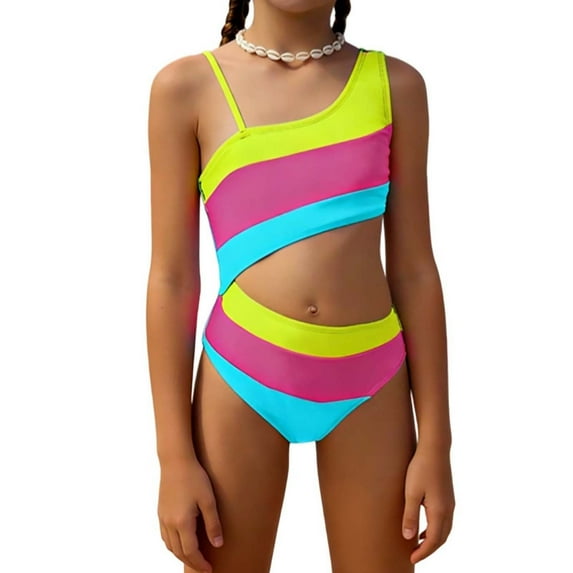 One Piece Swim Suit for Toddler Girls Rainbow Stripe Color Block Hollow Out Strap Quick Dry Beach Swimwear
