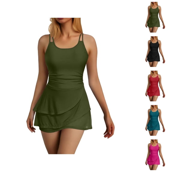 One Piece Swimdress Swimsuits for Women Scoop Neck High Waisted Tummy Control Modest Swim Dresses Skirt Bathing Suit